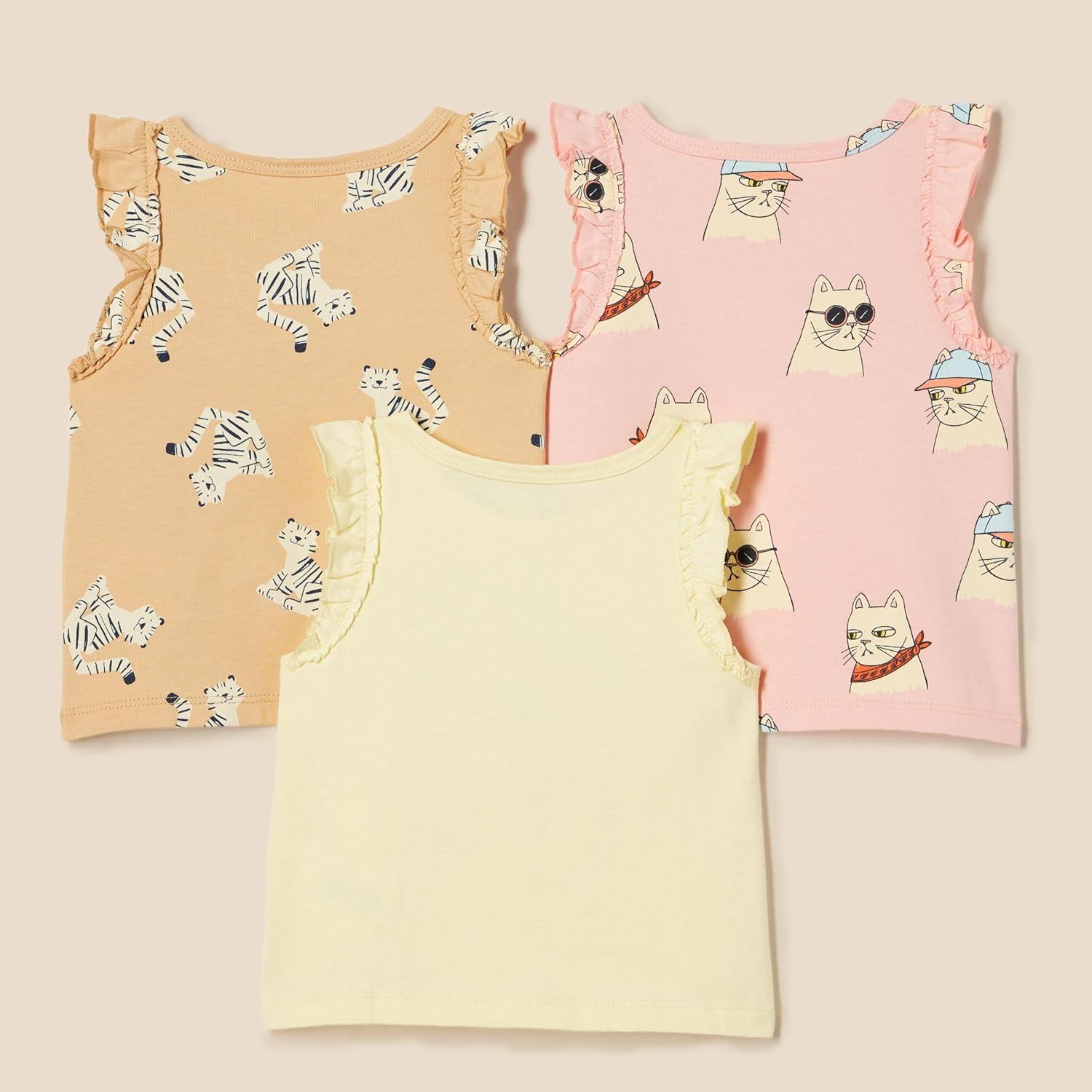 imageAmazon Essentials Girls and Toddlers Ruffle Tank Tops Pack of 3Cool CatTigerTropical Fruit