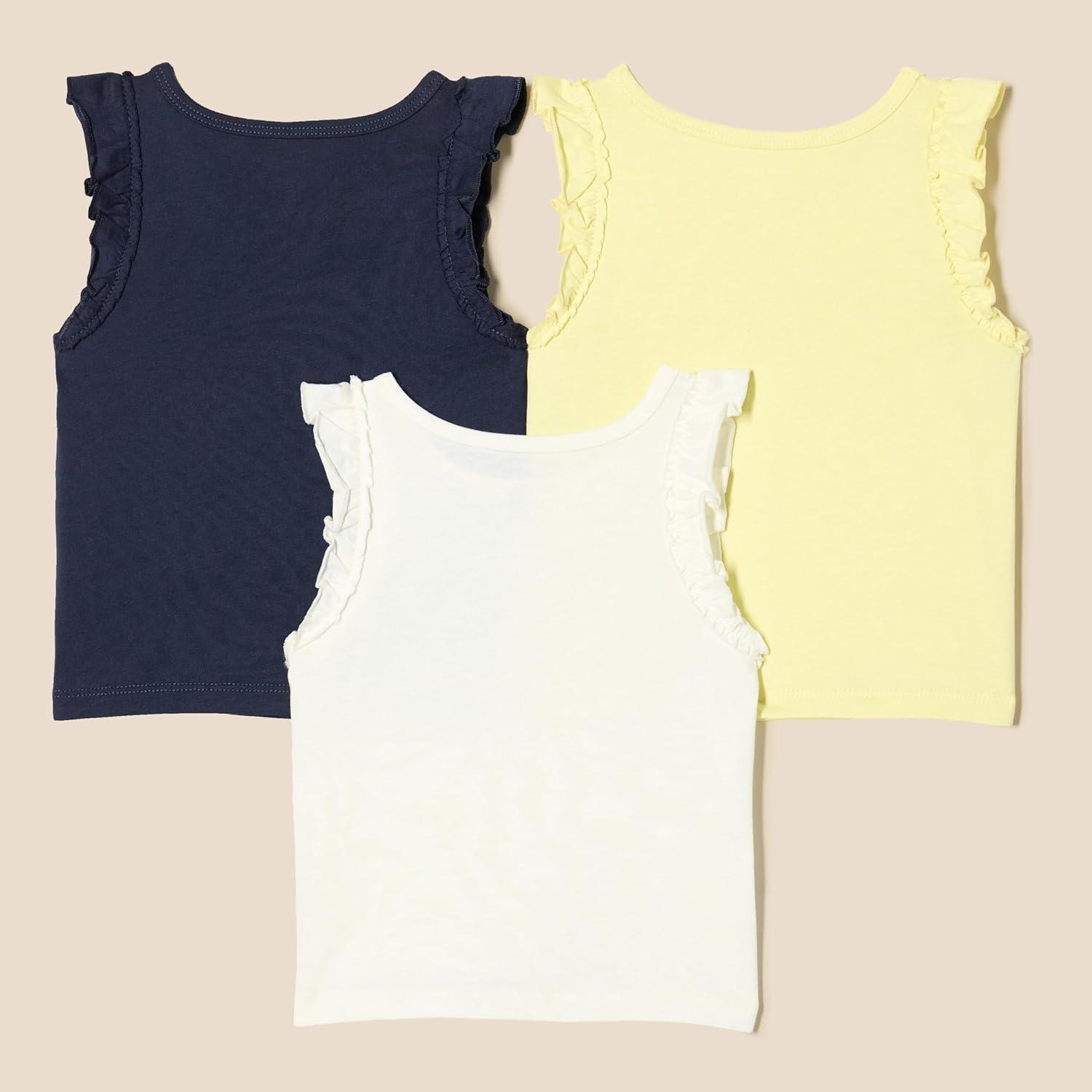 imageAmazon Essentials Girls and Toddlers Ruffle Tank Tops Pack of 3IvoryNavyPastel Yellow