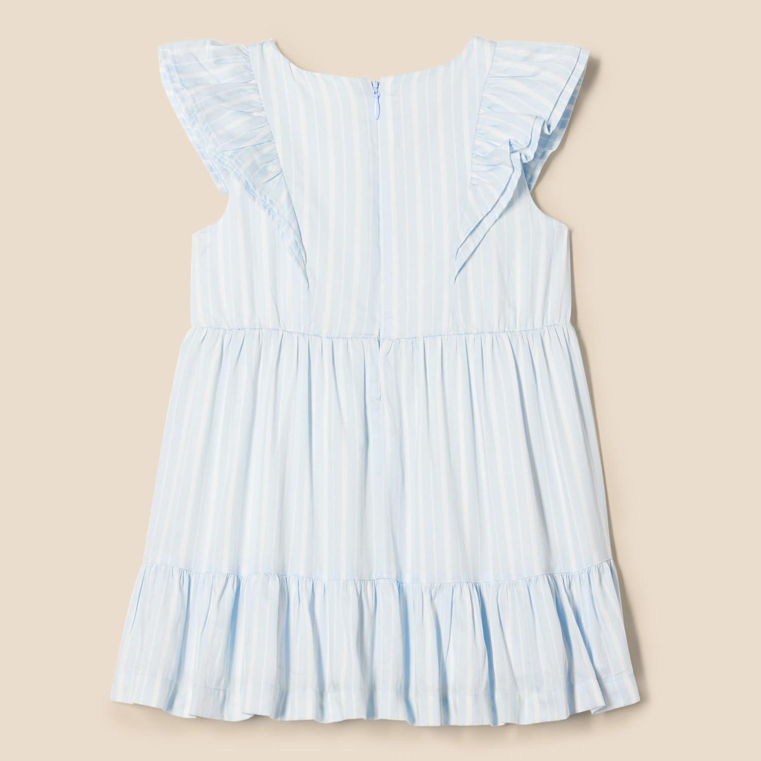 imageAmazon Essentials Girls and Toddlers Ruffle Woven DressLight Blue Stripe