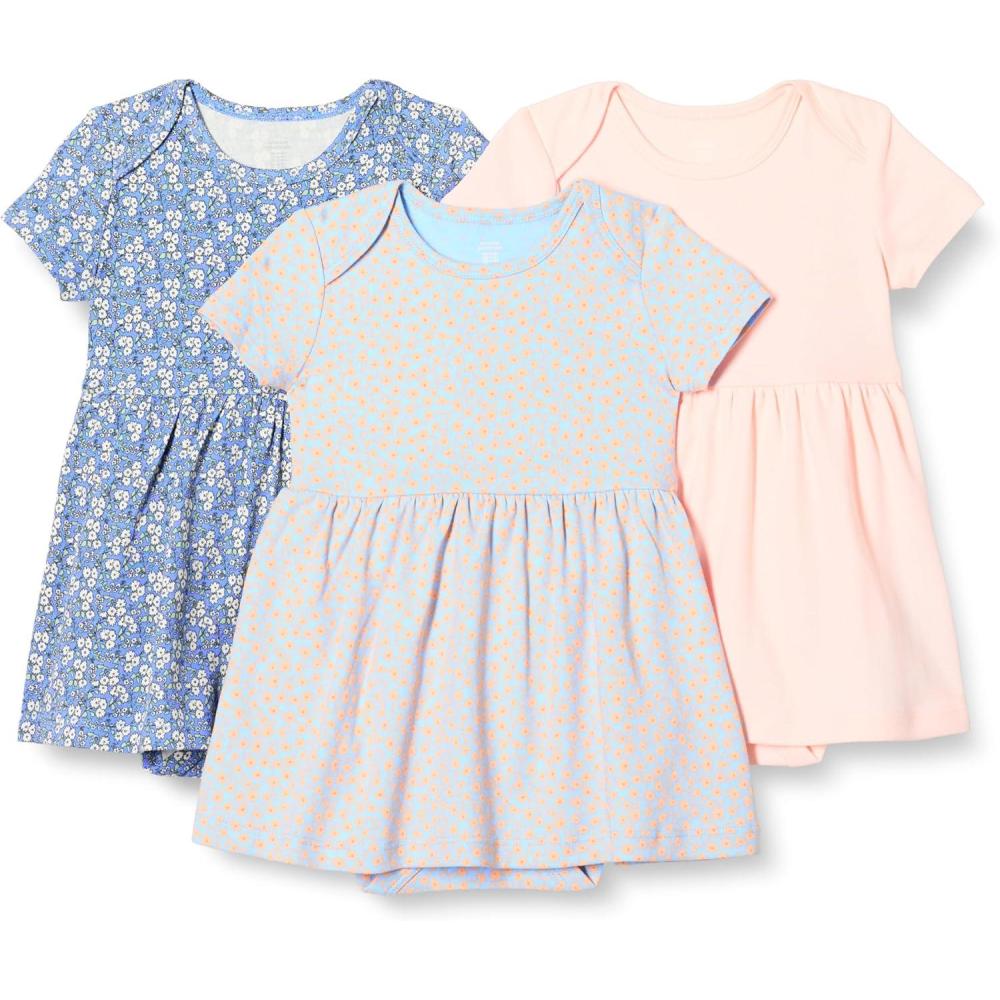 imageAmazon Essentials Baby Girls Short Sleeve Bodysuit Dress Pack of 3Pale PinkBlue Posey Floral