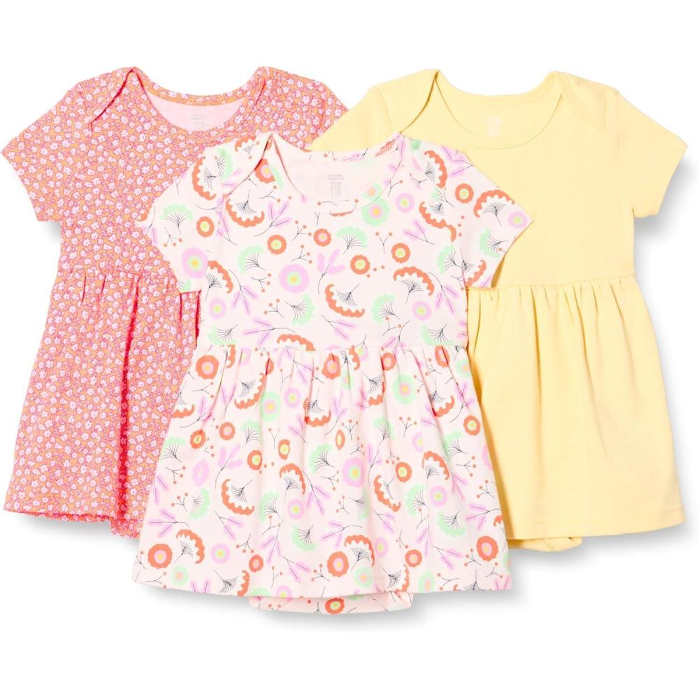 imageAmazon Essentials Baby Girls Short Sleeve Bodysuit Dress Pack of 3Pale YellowFloral