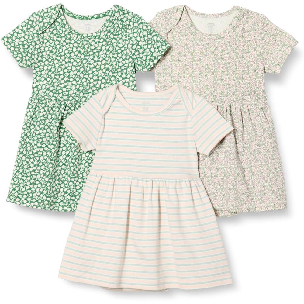 imageAmazon Essentials Baby Girls Short Sleeve Bodysuit Dress Pack of 3Sage Green Ditsy FloralStripe
