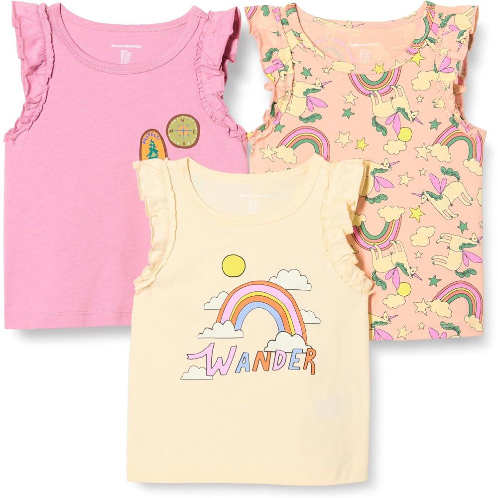 imageAmazon Essentials Girls and Toddlers Ruffle Tank Tops Pack of 3BadgesUnicornWander