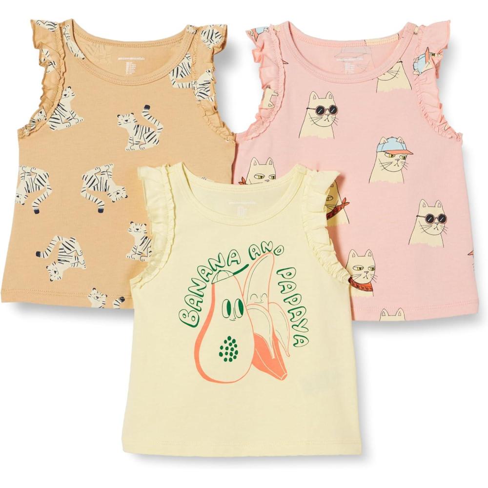 imageAmazon Essentials Girls and Toddlers Ruffle Tank Tops Pack of 3Cool CatTigerTropical Fruit