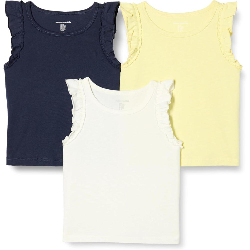 imageAmazon Essentials Girls and Toddlers Ruffle Tank Tops Pack of 3IvoryNavyPastel Yellow
