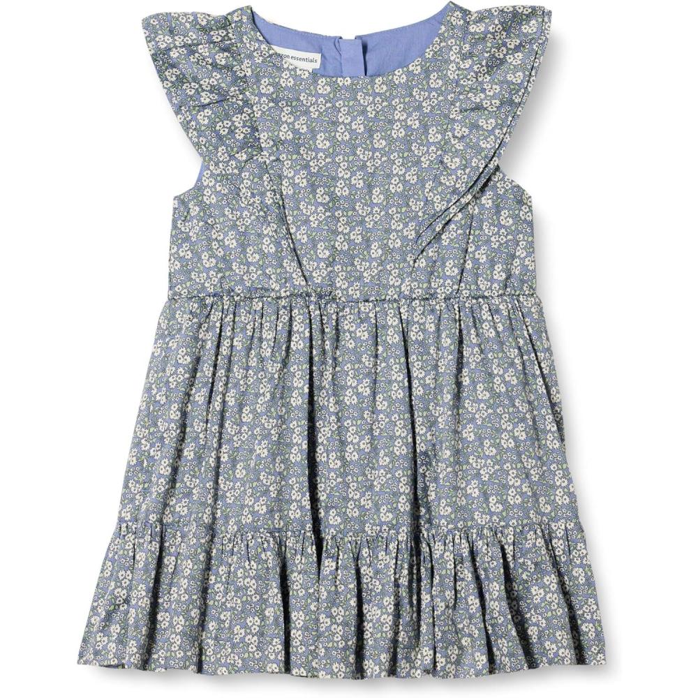 imageAmazon Essentials Girls and Toddlers Ruffle Woven DressBlue Posey Floral