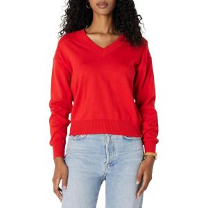 imageAmazon Essentials Womens RelaxedFit Lightweight VNeck Cropped SweaterBright Poppy Red
