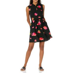 imageAmazon Essentials Womens Sleeveless RelaxedFit Woven Shirt DressBlack Pink Flowers