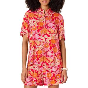 imageAmazon Essentials Womens RelaxedFit Fluid Twill ButtonDown Shirt Short Sold SeparatelyBright Poppy Red Multi Folk Floral