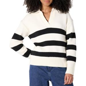 imageAmazon Essentials Womens RelaxedFit Midweight Cotton Polo Pullover SweaterEggshell White Black Big Stripe