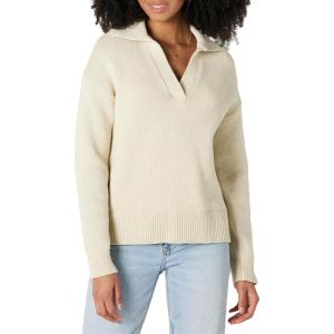 imageAmazon Essentials Womens RelaxedFit Midweight Cotton Polo Pullover SweaterSand Heather