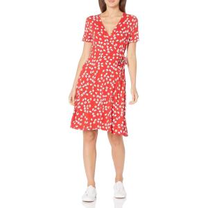 imageAmazon Essentials Womens Short Sleeve FauxWrap DressMelon Orange Flowers