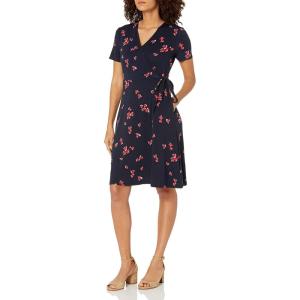 imageAmazon Essentials Womens Short Sleeve FauxWrap DressNavy Red Flowers