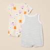 imageAmazon Essentials Unisex Babies Sleeveless and ShortSleeve Romper Set Pack of 2Beige DogsHeather Stripe