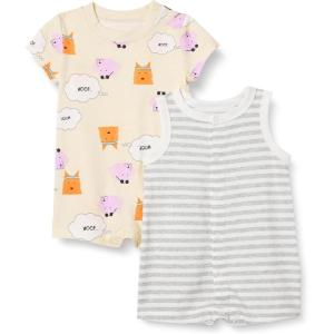 imageAmazon Essentials Unisex Babies Sleeveless and ShortSleeve Romper Set Pack of 2Beige DogsHeather Stripe