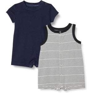 imageAmazon Essentials Unisex Babies Sleeveless and ShortSleeve Romper Set Pack of 2BlueStripe
