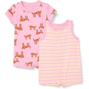 imageAmazon Essentials Unisex Babies Sleeveless and ShortSleeve Romper Set Pack of 2Pink TigerStripe