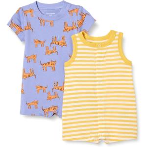 imageAmazon Essentials Unisex Babies Sleeveless and ShortSleeve Romper Set Pack of 2Purple Melon TigerStripe