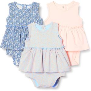 imageAmazon Essentials Baby Girls Sleeveless Bodysuit Dress Pack of 3Pale PinkBlue Posey Floral