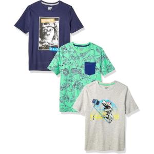 imageAmazon Essentials Boys and Toddlers ShortSleeve TShirts Previously Spotted Zebra MultipacksGrey DinosaurMint GreenNavy Video Gamer Print