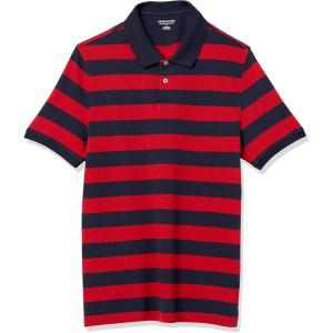 imageAmazon Essentials Mens Polo Shirts Short Sleeve SlimFit Cotton PiqueNavy Red Rugby Stripe