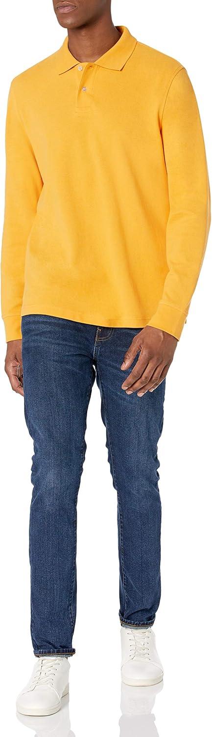 imageAmazon Essentials Mens Long Sleeve Polo Shirt with Collar RegularFit PiqueDark Yellow