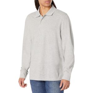 imageAmazon Essentials Mens Long Sleeve Polo Shirt with Collar RegularFit PiqueLight Grey Heather