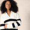 imageAmazon Essentials Womens RelaxedFit Heavyweight Cotton Polo Pullover SweaterEggshell White Black Big Stripe