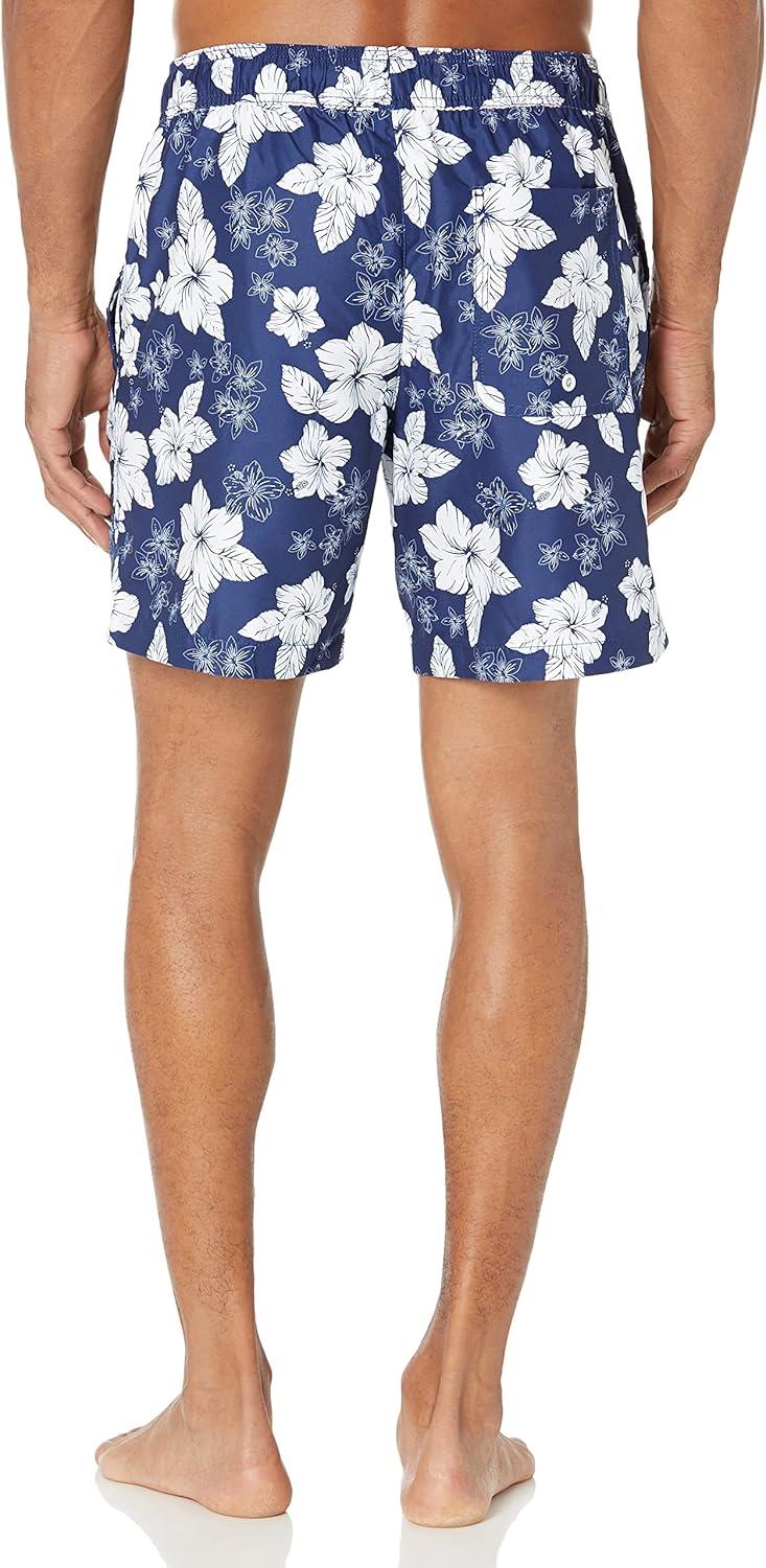imageAmazon Essentials Mens 7quot QuickDry Swim TrunkNavy Hibiscus Flower