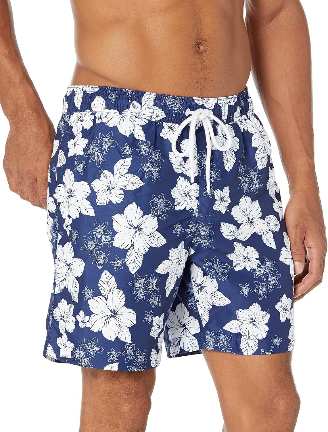 imageAmazon Essentials Mens 7quot QuickDry Swim TrunkNavy Hibiscus Flower