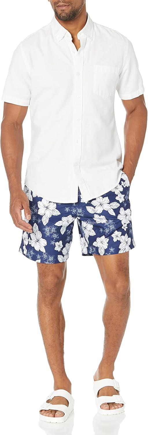 imageAmazon Essentials Mens 7quot QuickDry Swim TrunkNavy Hibiscus Flower