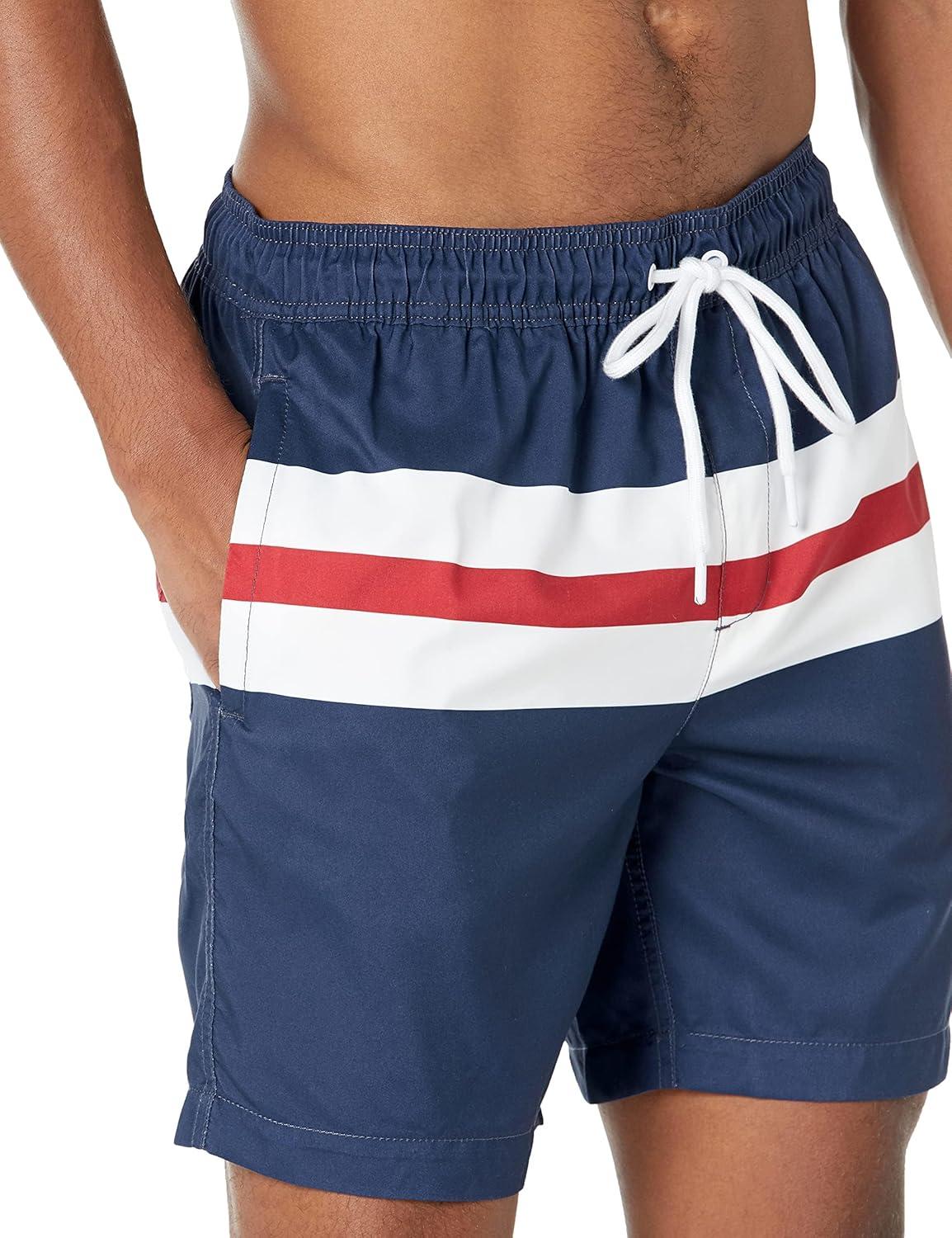 imageAmazon Essentials Mens 7quot QuickDry Swim TrunkNavy Red White Stripe