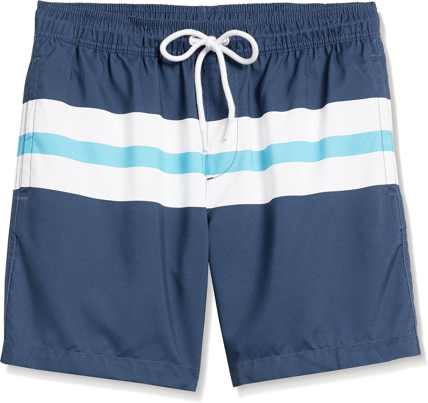 imageAmazon Essentials Mens 7quot QuickDry Swim TrunkNavy White Stripe