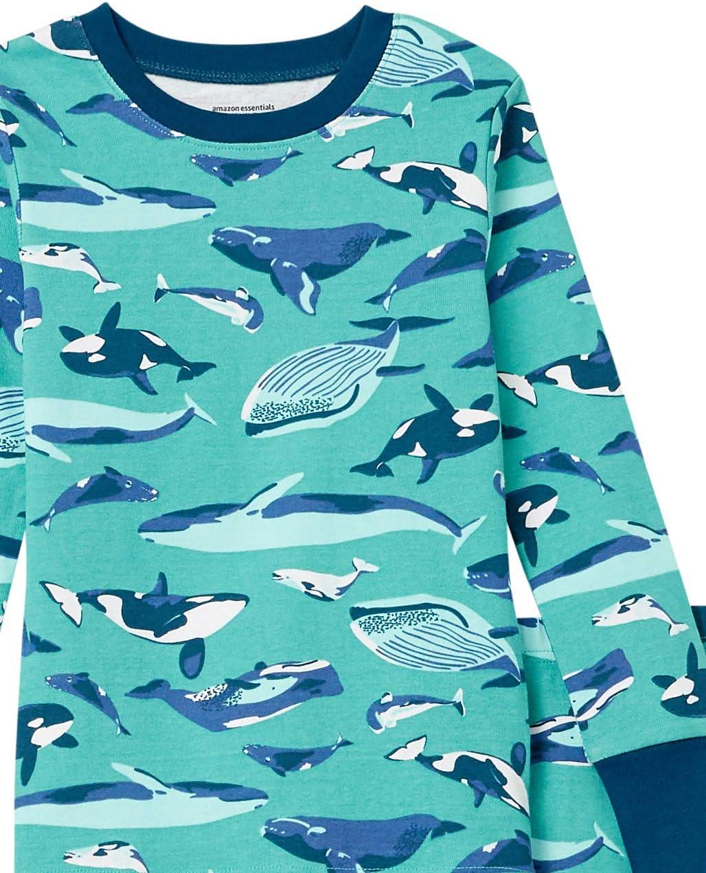imageAmazon Essentials Unisex Babies Toddlers and Kids SnugFit Cotton Pajama Sleepwear SetsAqua Green WhaleBlue Sea Life