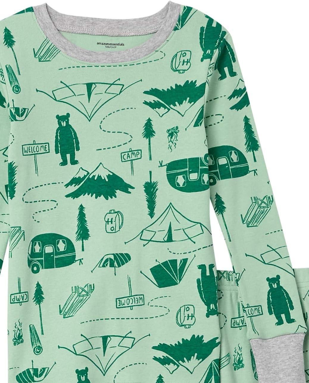 imageAmazon Essentials Unisex Babies Toddlers and Kids SnugFit Cotton Pajama Sleepwear SetsBottle Green Polar BearMint Green Happy Camper