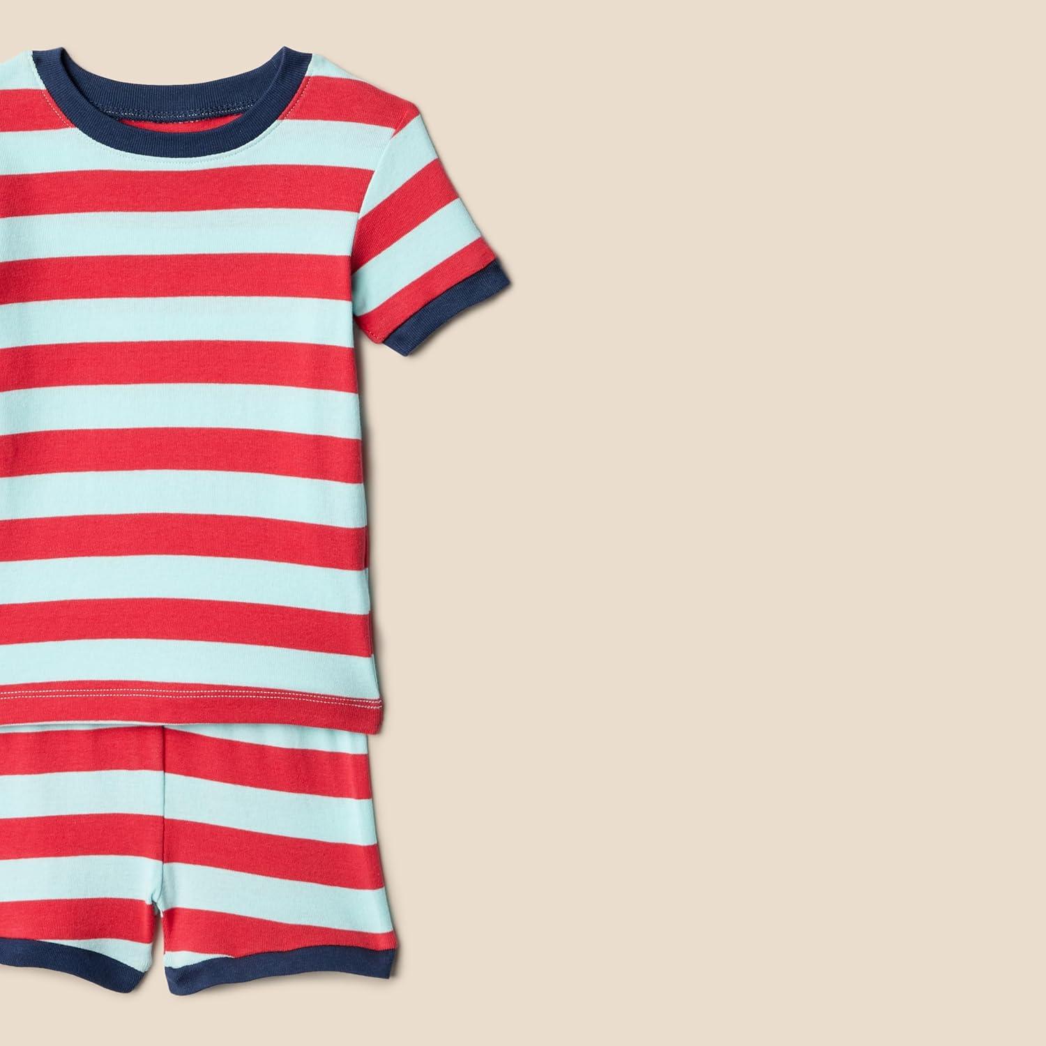 imageAmazon Essentials Unisex Babies Toddlers and Kids SnugFit Cotton Pajama Sleepwear SetsPale Aqua BlueRedWhiteStripeYeah