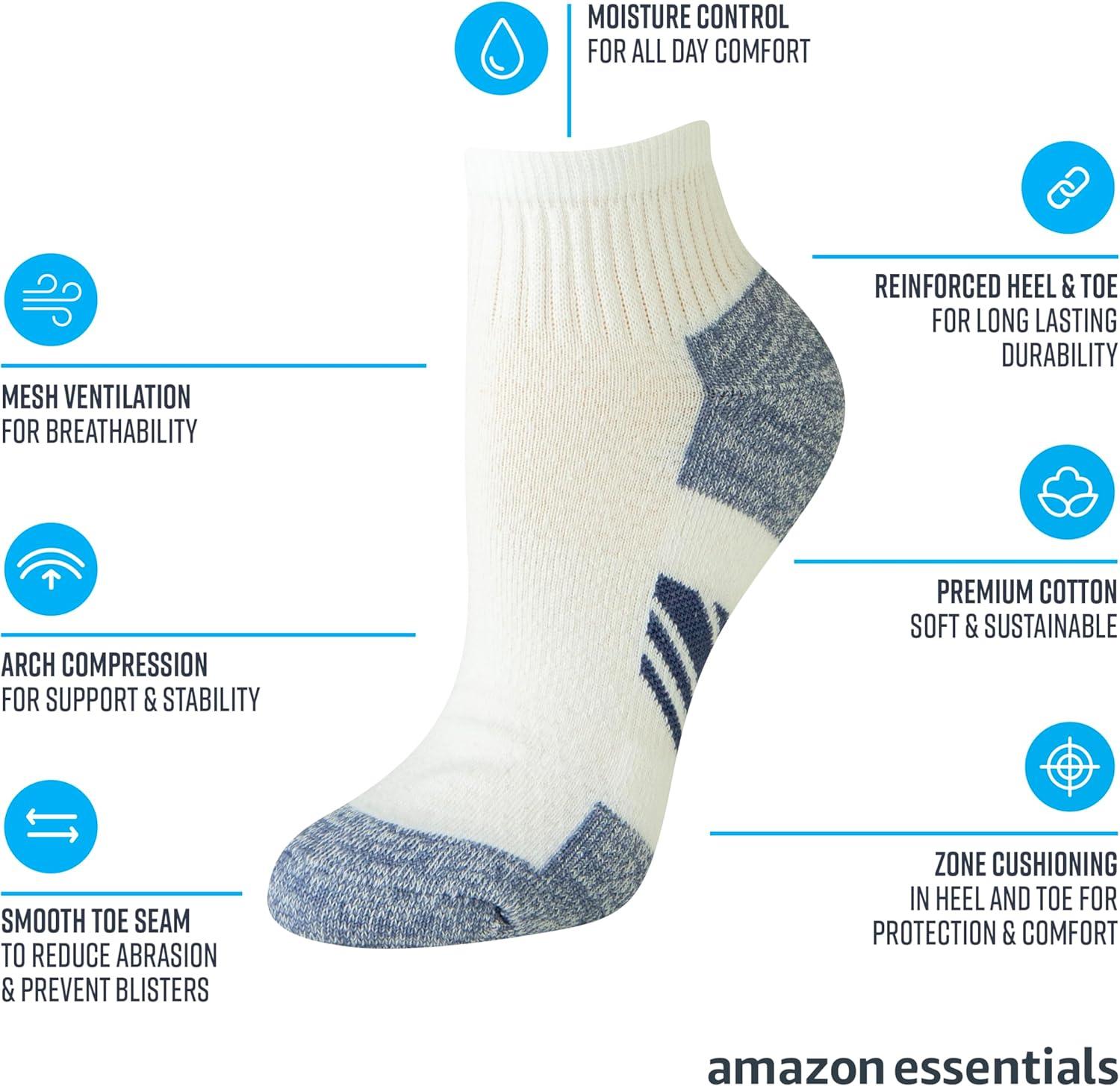 imageAmazon Essentials Womens Performance Comfortable Cotton Cushioned Breathable Athletic Ankle Sports Socks 6 PairsBlueGreyPinkTealWhiteMulti