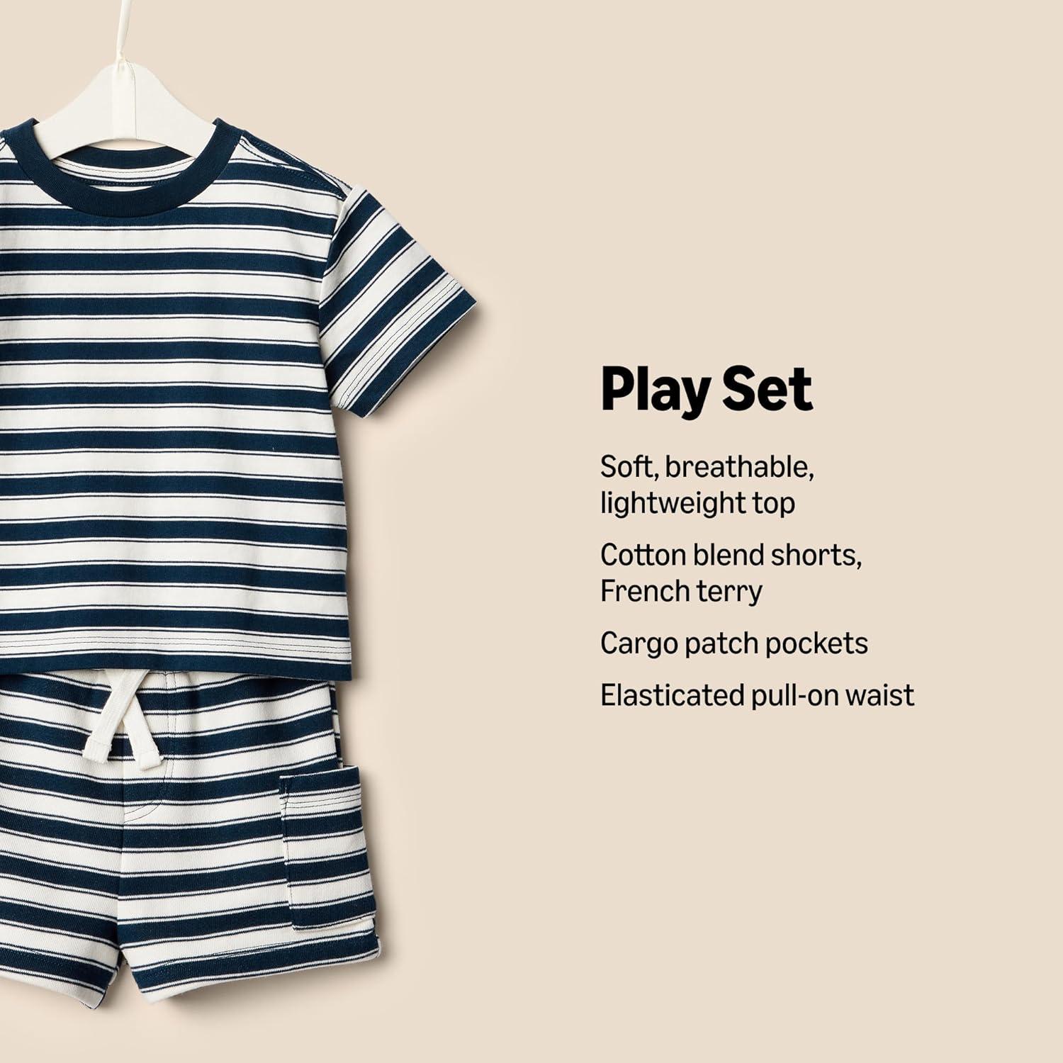 imageAmazon Essentials x Sofia Grainge Toddlers and Baby Boys Regular Fit TShirt and Short SetIvory Navy Stripe