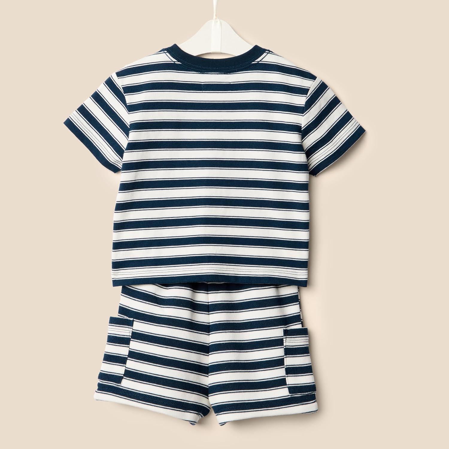 imageAmazon Essentials x Sofia Grainge Toddlers and Baby Boys Regular Fit TShirt and Short SetIvory Navy Stripe