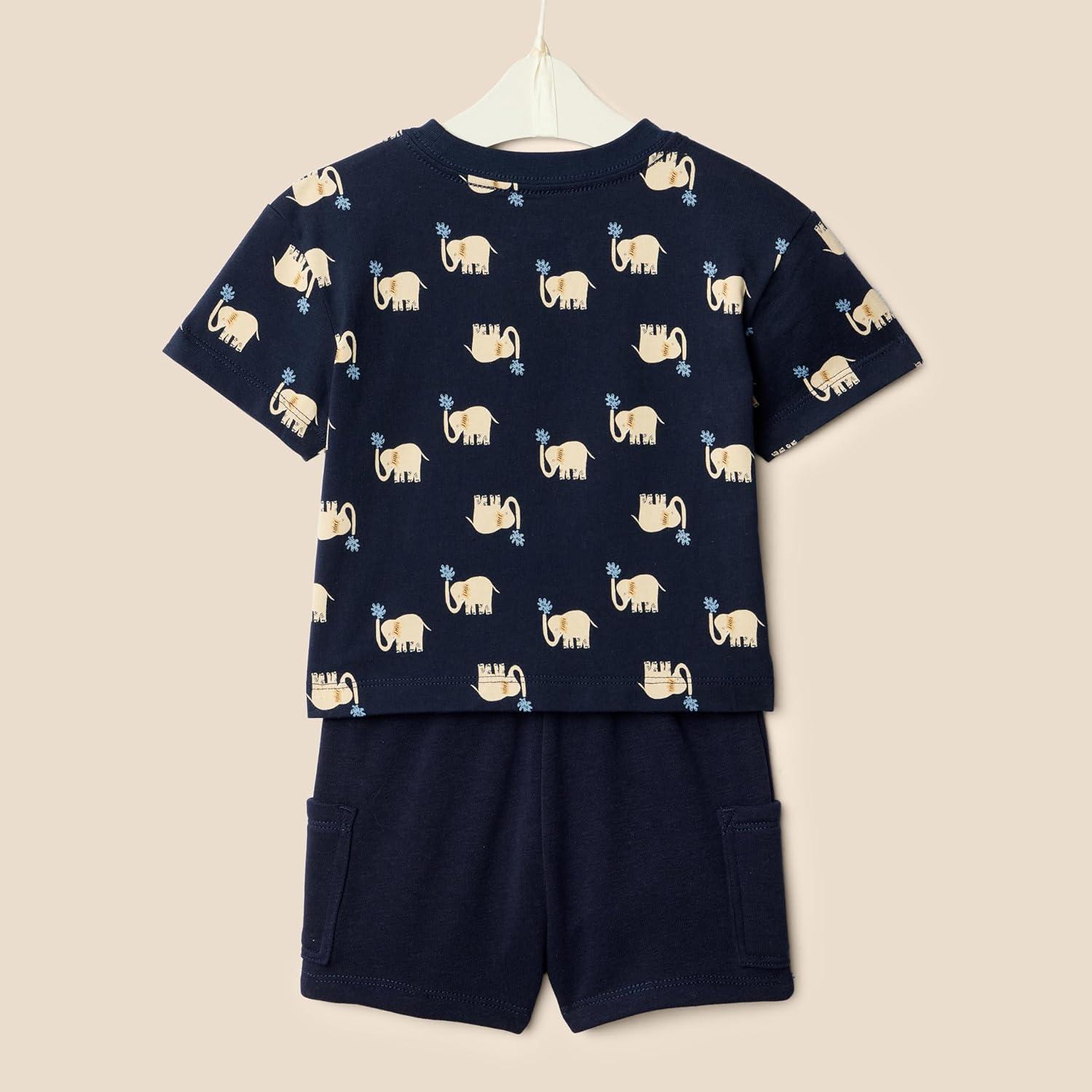 imageAmazon Essentials x Sofia Grainge Toddlers and Baby Boys Regular Fit TShirt and Short SetNavy Elephants