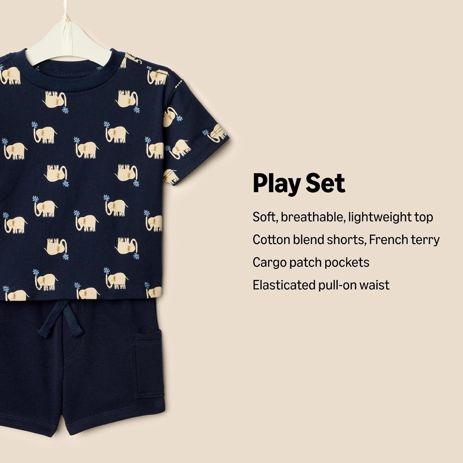 imageAmazon Essentials x Sofia Grainge Toddlers and Baby Boys Regular Fit TShirt and Short SetNavy Elephants
