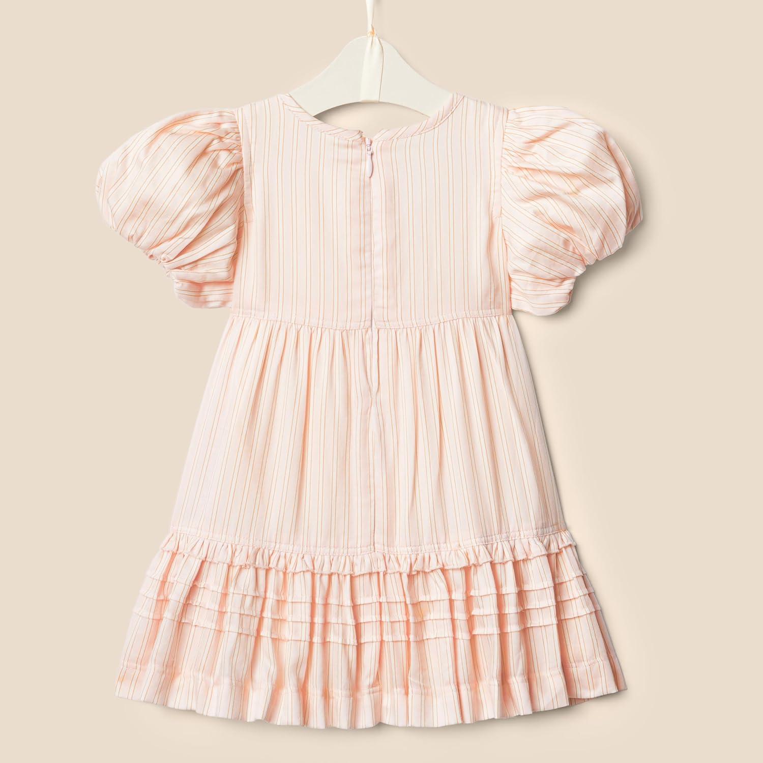 imageAmazon Essentials x Sofia Grainge Toddlers and Baby Girls Puff Sleeve DressPeach Classic Stripe