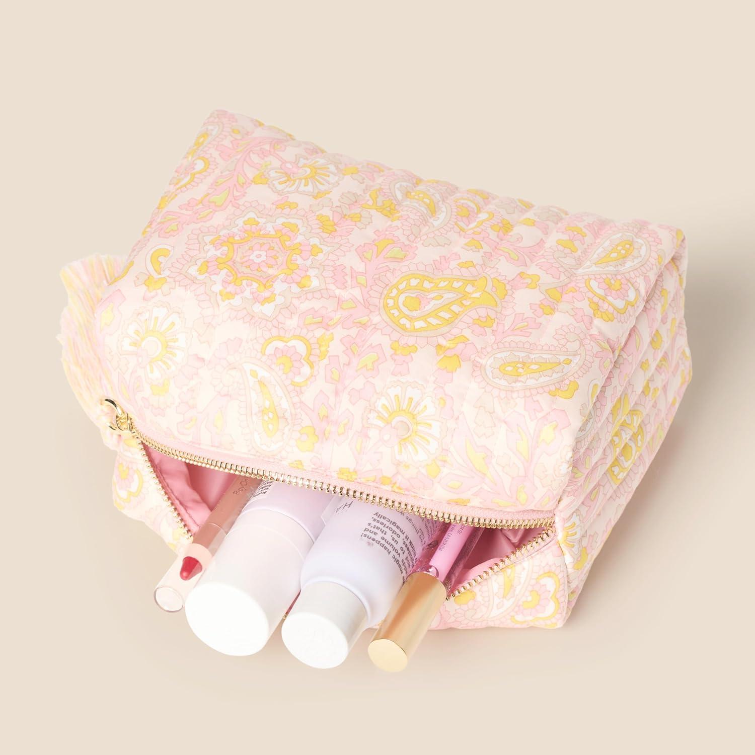 imageAmazon Essentials x Sofia Grainge Womens Quilted Makeup Toiletry Bag Shell Pink Ornate Paisley One Size