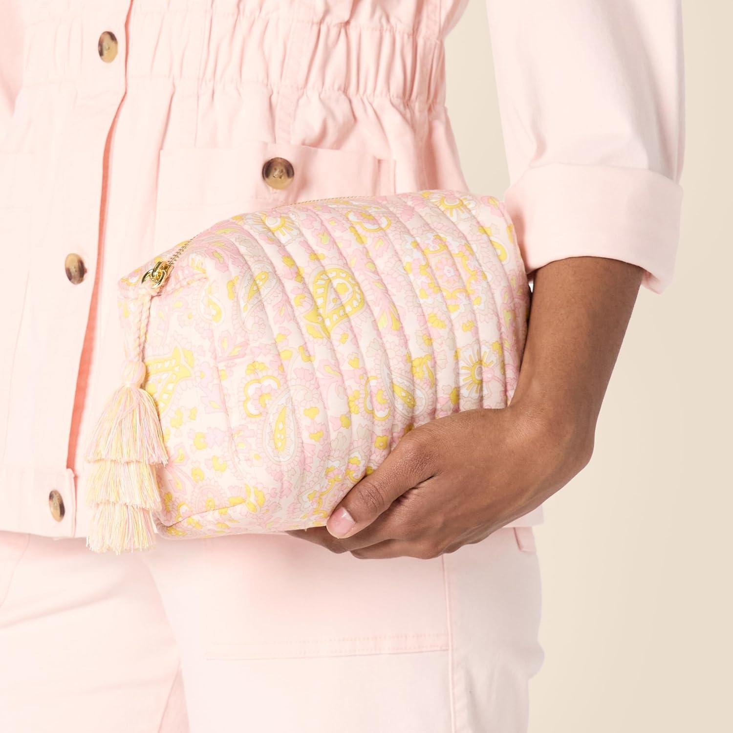imageAmazon Essentials x Sofia Grainge Womens Quilted Makeup Toiletry Bag Shell Pink Ornate Paisley One Size