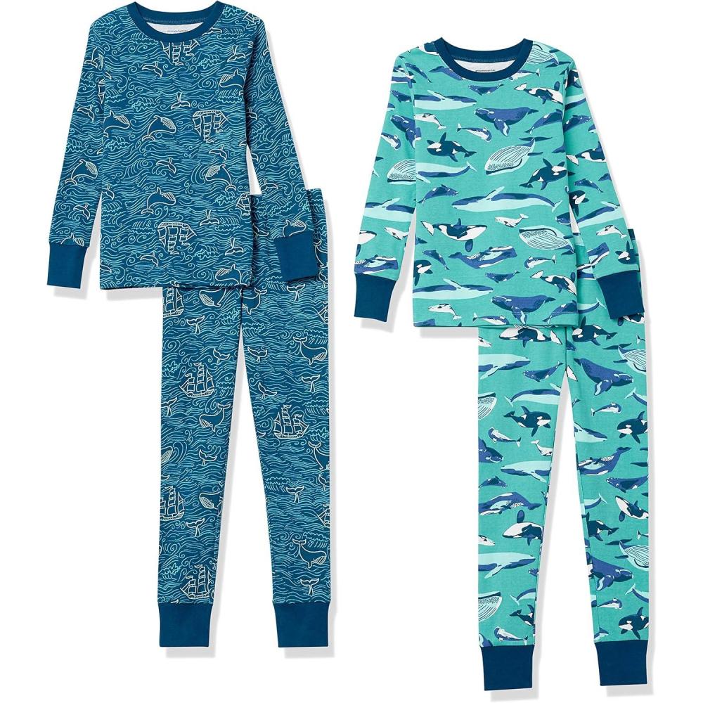 imageAmazon Essentials Unisex Babies Toddlers and Kids SnugFit Cotton Pajama Sleepwear SetsAqua Green WhaleBlue Sea Life