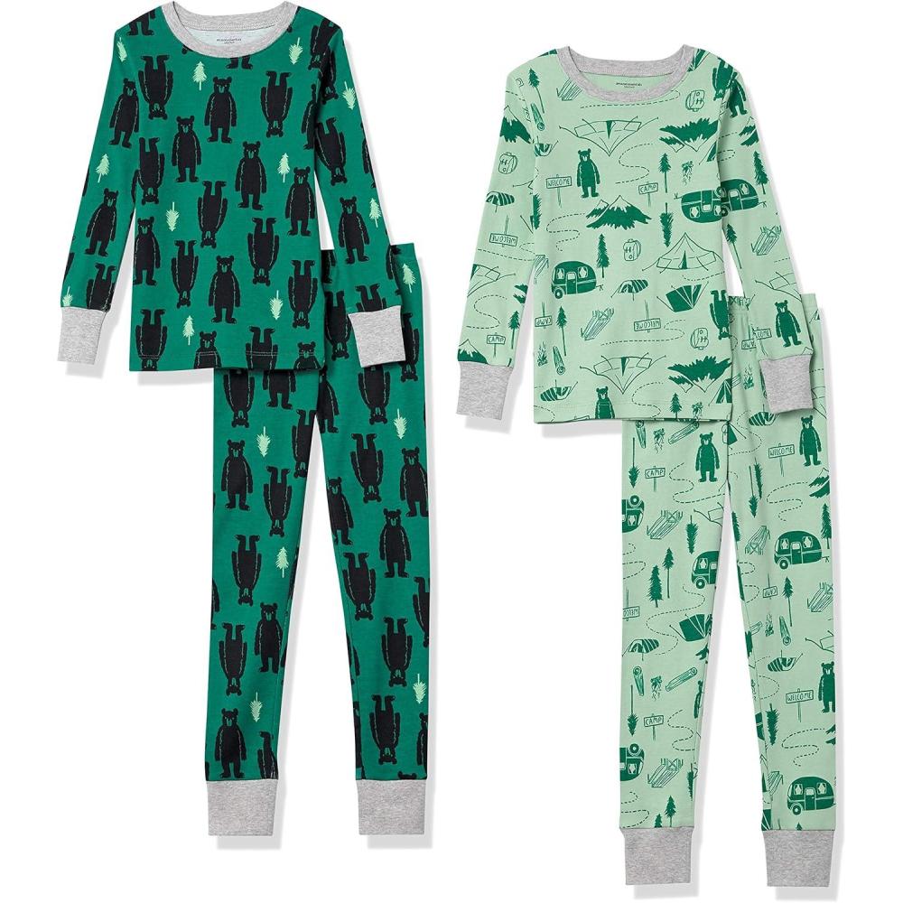 imageAmazon Essentials Unisex Babies Toddlers and Kids SnugFit Cotton Pajama Sleepwear SetsBottle Green Polar BearMint Green Happy Camper