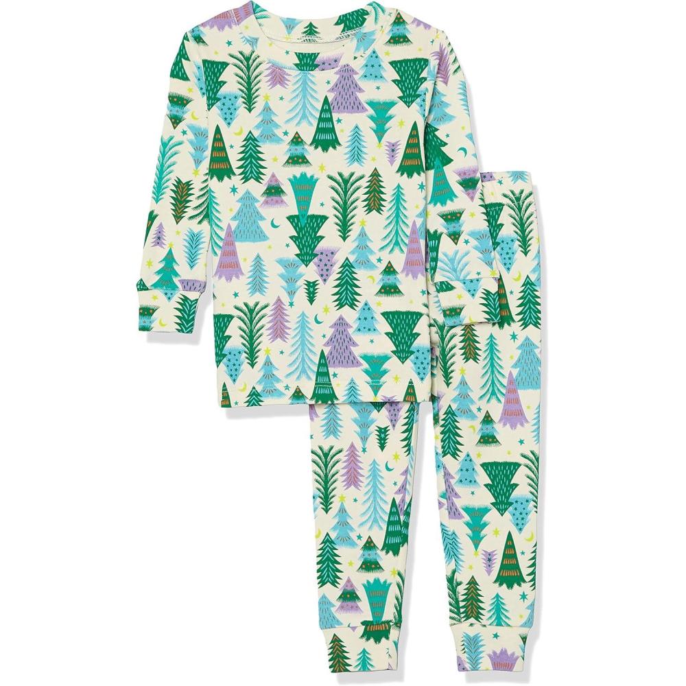 imageAmazon Essentials Unisex Babies Toddlers and Kids SnugFit Cotton Pajama Sleepwear SetsEcru Festive Tree