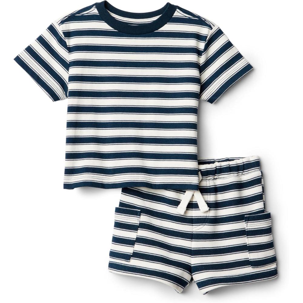 imageAmazon Essentials x Sofia Grainge Toddlers and Baby Boys Regular Fit TShirt and Short SetIvory Navy Stripe