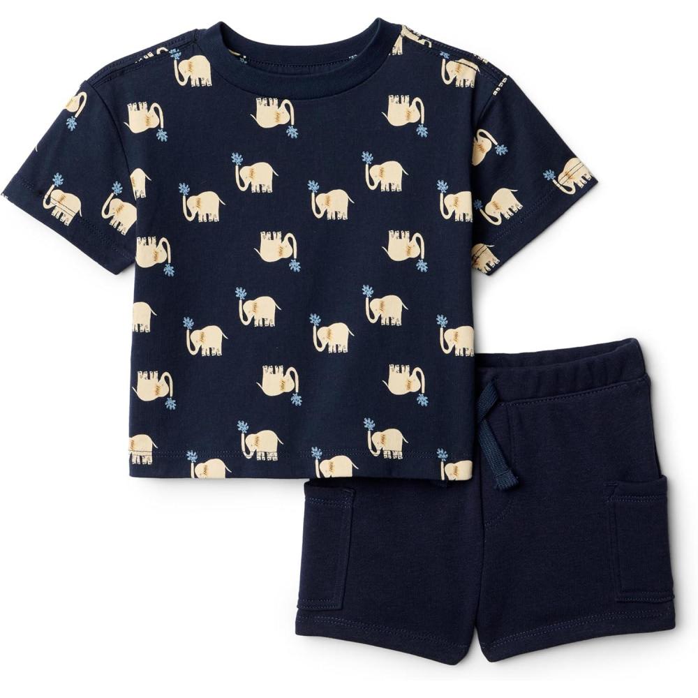 imageAmazon Essentials x Sofia Grainge Toddlers and Baby Boys Regular Fit TShirt and Short SetNavy Elephants