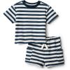 imageAmazon Essentials x Sofia Grainge Toddlers and Baby Boys Regular Fit TShirt and Short SetIvory Navy Stripe